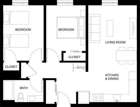 Floor plan for 2 beds, 1 bath, 862 sqft